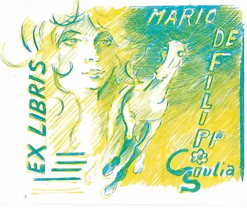 Original Druck Exlibris: Mario de Filippis Coulia, Pferd, Frau, Portrait, gut