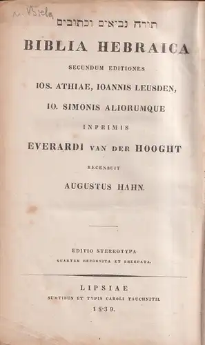 Biblia: Biblia Hebraica, J. Leusden, E. van der Hooght, A. Hahn, 1839, Tauchnitz