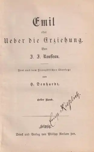 Buch: Emil oder Ueber die Erziehung, Rousseau, Jean-Jaques. 2 Bände, Reclam