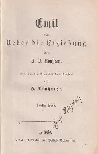 Buch: Emil oder Ueber die Erziehung, Rousseau, Jean-Jaques. 2 Bände, Reclam