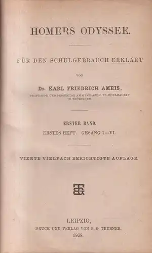 Buch: Homers Odyssee, Gesang I-XXIV, 4 Teile in 1 Band, 1868 ff., Teubner