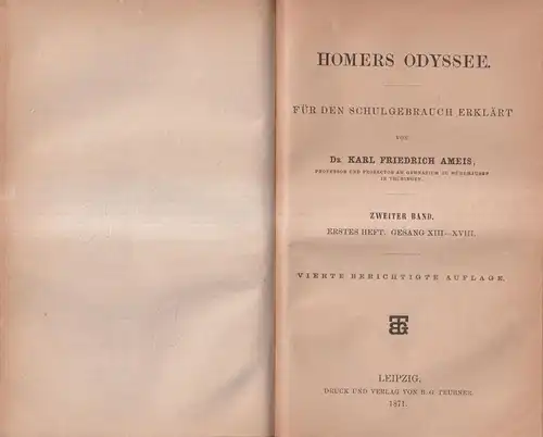 Buch: Homers Odyssee, Gesang I-XXIV, 4 Teile in 1 Band, 1868 ff., Teubner