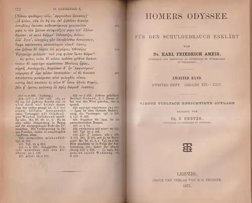 Buch: Homers Odyssee, Gesang I-XXIV, 4 Teile in 1 Band, 1868 ff., Teubner