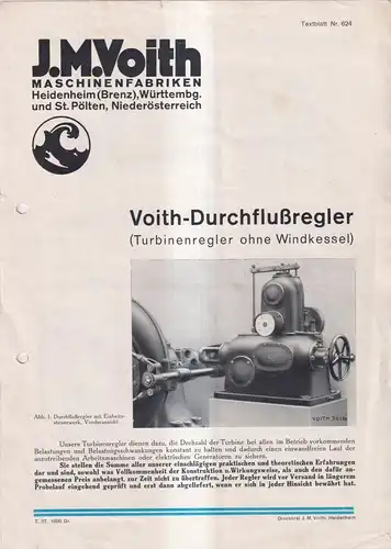 Faltblatt: Voith-Durchflußregler, Turbinenregler ohne Windkessel. Textblatt 624