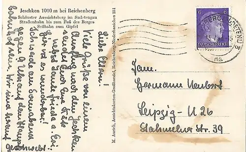 AK Jeschken 1010m bei Reichenberg. ca. 1943, Verlag M. Aurich, gebraucht, gut