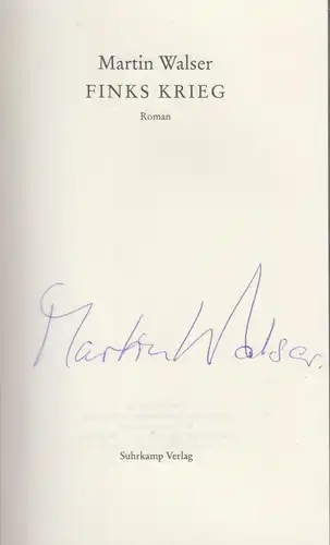 Buch: Finks Krieg, Walser, Martin. 1996, Suhrkamp Verlag, Roman, signiert, gut