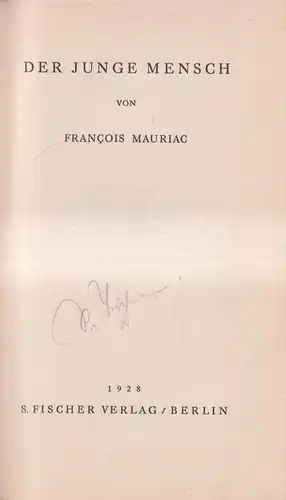 Buch: Der junge Mensch, Francois Mauriac, 1928, S. Fischer Verlag, Hardcover