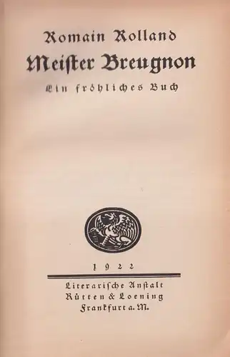 Buch: Meister Breugnon. Rolland, Romain, 1922, Rütten & Loening