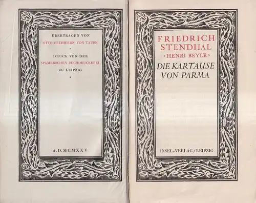 Buch: Die Kartause von Parma, Stendhal, Friedrich. 1925, Insel-Verlag