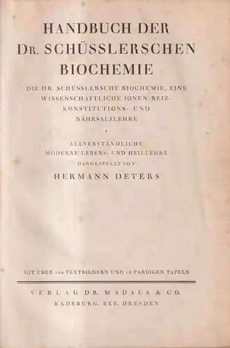 Buch: Handbuch der Dr. Schüsslerschen Biochemie, Hermann Deters, 1926, Madaus