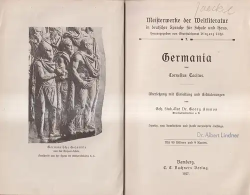Buch: Tacitus Germania, 1927, C. C. Buchner Verlag, Übersetzt von Georg Ammon