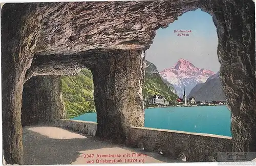 AK Axenstrasse mit Flüelen und Bristenstock. ca. 1926, Postkarte. Ca. 1926