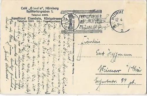 AK Nürnberg. Cafe Gisela. ca. 1930, Postkarte. Ca. 1930, Verlag Max Stadler