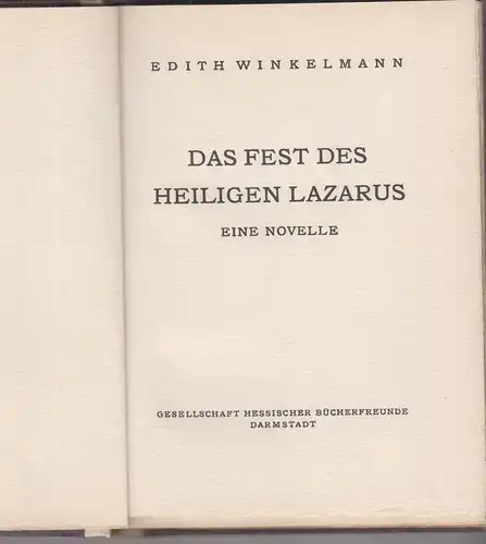 Buch: Das Fest des Heiligen Lazarus, Winkelmann, Edith, 1929/30, guter Zustand