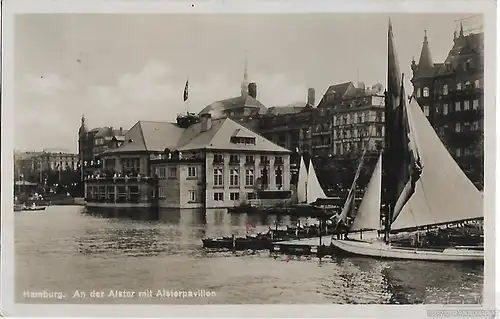 AK Hamburg. An der Alster mit Alsterpavillon. ca. 1928, Postkarte. Ca. 1928