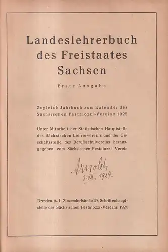 Buch: Landeslehrerbuch des Freistaates Sachsen 1924, Pestalozzi-Verein, Dresden