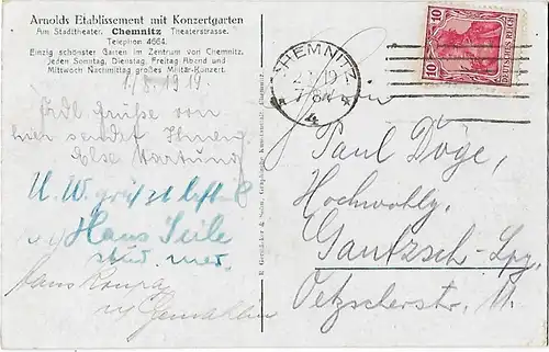 AK Arnolds Etablissement mit Konzertgarten. Chemnitz. ca. 1919, Postkarte