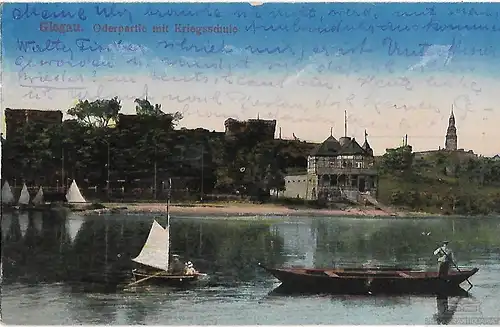 AK Glogau. Oderpartie mit Kriegsschule. ca. 1916, Postkarte. Ca. 1916