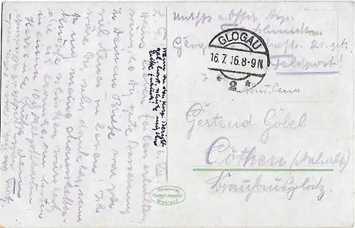 AK Glogau. Oderpartie mit Kriegsschule. ca. 1916, Postkarte. Ca. 1916