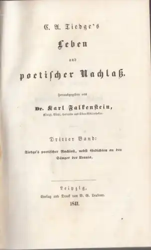 Buch: C. A. Tiedge's Leben und poetischer Nachlaß, Falkenstein, Karl. 2 Bände