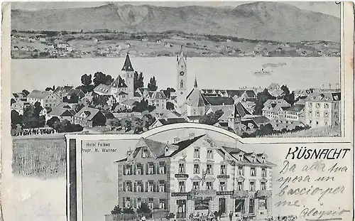 AK Küsnacht. Hotel Falken. Propr. M. Wanner. ca. 1908, Postkarte. Ca. 1908