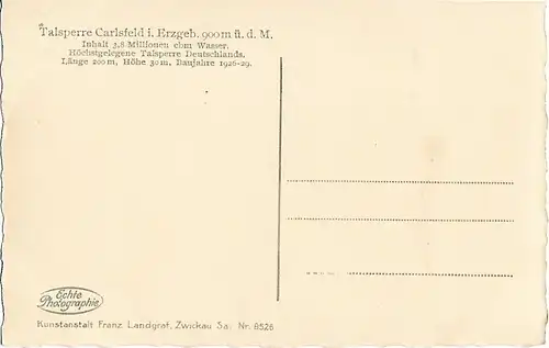 AK Carlsfeld i. Erzgebirge. Talsperre. ca. 1930, Postkarte. Ca. 1930