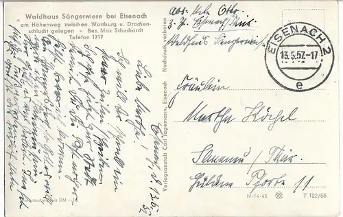 AK Waldhaus Sängerwiese b. Eisenach. ca. 1957, Postkarte. Ca. 1957