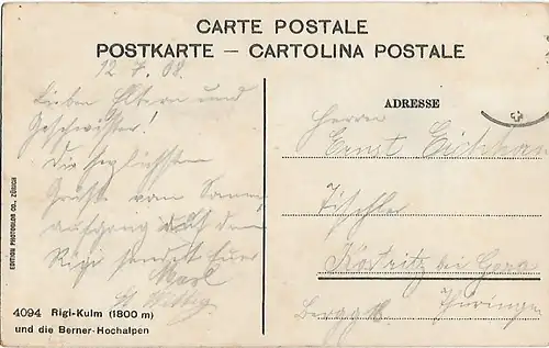AK Rigi-Kulm und die Berner Hochalpen. ca. 1908, Postkarte. Ca. 1908