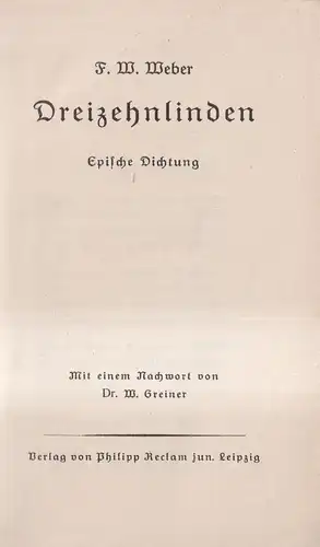 Buch: Dreizehnlinden, Weber, F. W., Epische Dichtung, Verlag Philipp Reclam jun.