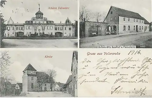 AK Gruss aus Vollersroda. Schloss Belvedere. Kirche. ca. 1916, Postkarte