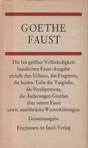 Buch: Faust, Goethe, Johann Wolfgang von. 1964, Insel-Verlag, gebraucht, gut