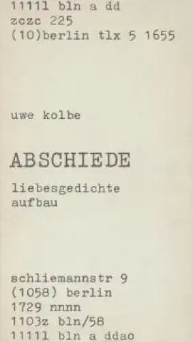 Buch: Abschiede, Kolbe, Uwe. 1988, Aufbau Verlag, und andere Liebesgedichte