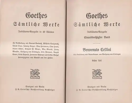 Goethes Sämtliche Werke 31/32: Benvenuto Cellini I + II, Cotta, 2 Bände