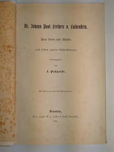 Buch: Dr. Johann Paul Freiherr v. Falkenstein. Petzholdt (Hrsg.), 1882, Zahn