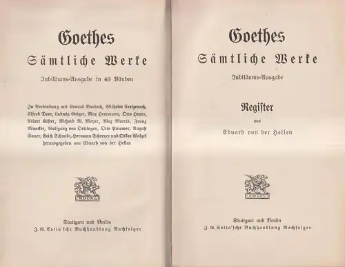 Buch: Goethes Sämtliche Werk - Register. J. W. Goethe, Cotta'sche Buchhandlung