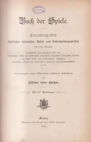 Buch: Buch der Spiele, Alban von Hahn (Hrsg.), 1894, Otto Spamer, guter Zustand