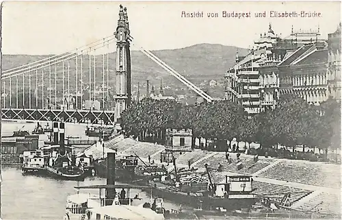 AK Ansicht von Budapest und Elisabeth-Brücke. ca. 1907, Postkarte. Ca. 1907