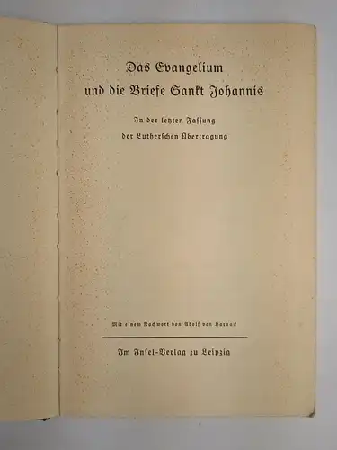 Insel-Bücherei 127, Das Evangelium und die Briefe Sankt Johannis, Insel Verlag