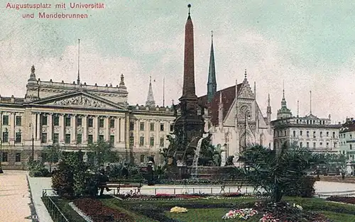 AK Leipzig. Augustusplatz mit Universität und Mendebrunnen. ca. 1905, Postkarte