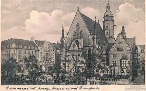 AK Reichsmessestadt Leipzig. Thomasring und Thomaskirche, Postkarte