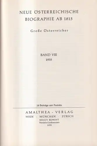 Buch: Neue Österreichische Biographie ab 1815, Große Österreicher. Band VIII