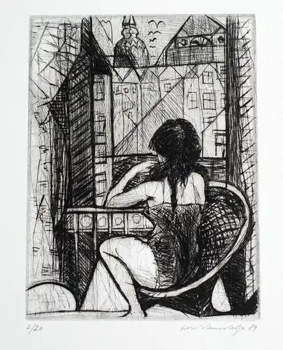 Buch: Radierung: Frau am Fenster mit Stadtblick, Weidensdorfer, Claus. 1989