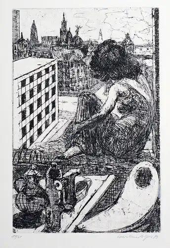 Buch: Radierung: Frau im Fenster sitzend mit Blick in die Stadt, Weidensdorfer