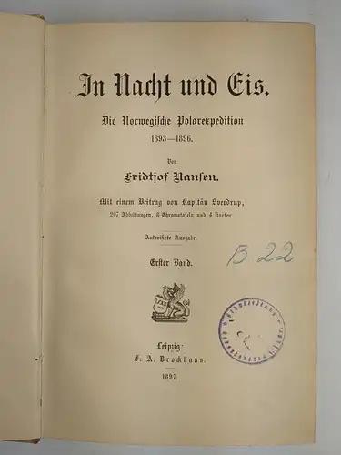 Buch: In Nacht und Eis, Nansen, Fridtjof. 2 Bände, 1897, F. A. Brockhaus