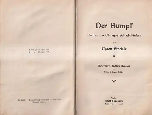 Buch: Der Sumpf, Roman, Sinclair, Upton, 1906, Adolf Sponholtz, gebraucht, gut