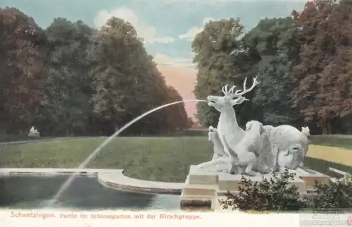 AK Schwetzingen. Partie im Schlossgarten mit der Hirschgruppe. ca... Postkarte
