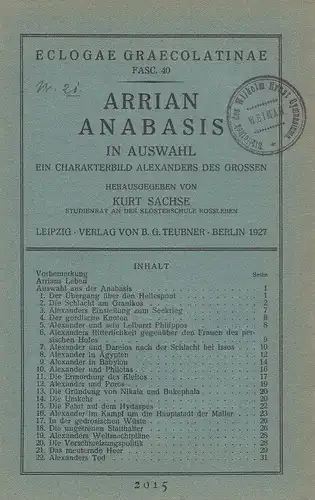 Buch: Arrian Anabasis in Auswahl, Arrian. Eclogae Graecolatinae, Fasc, 1927