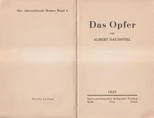 Buch: Das Opfer, Albert Daudistel, 1929, Internationaler Arbeiter-Verlag