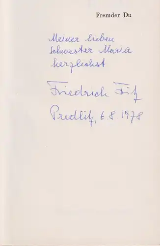 Buch: Fremder Du, Fritz, Friedrich Michael, ca. 1978, Verlag Joh. Leon Klagenf.