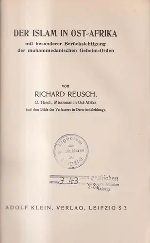 Buch: Der Islam in Ost-Afrika, Richard Reusch, ca. 1930, Adolf Klein Verlag